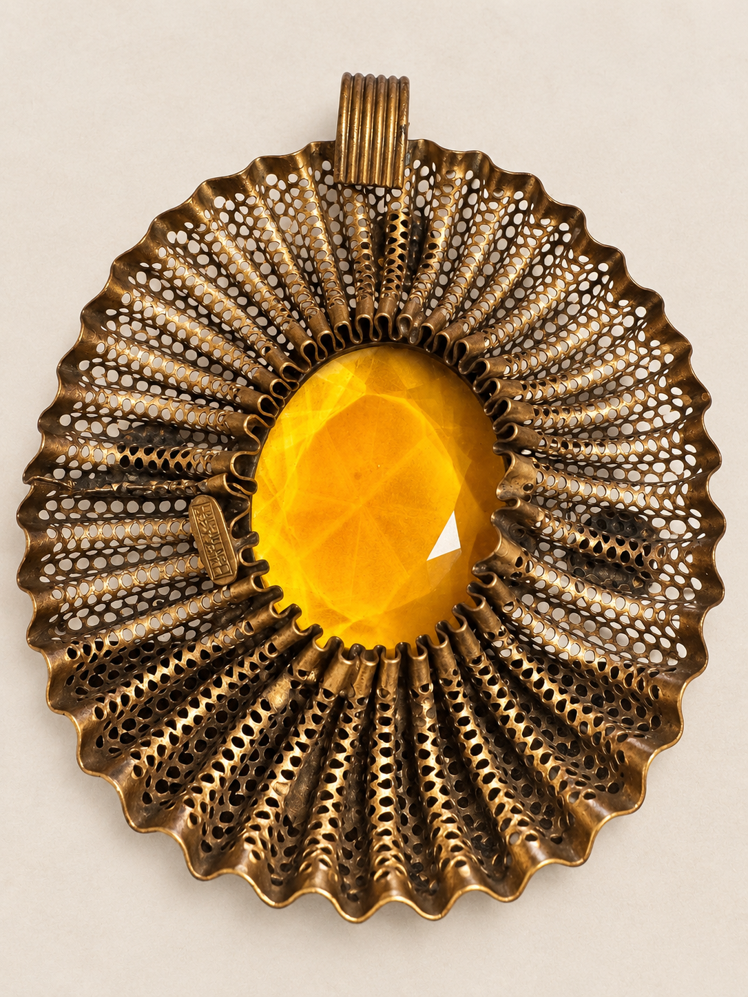 Rare Antique Ben Meltzer New York Statement Medallion Pendant – Amber & Emerald Green Glass