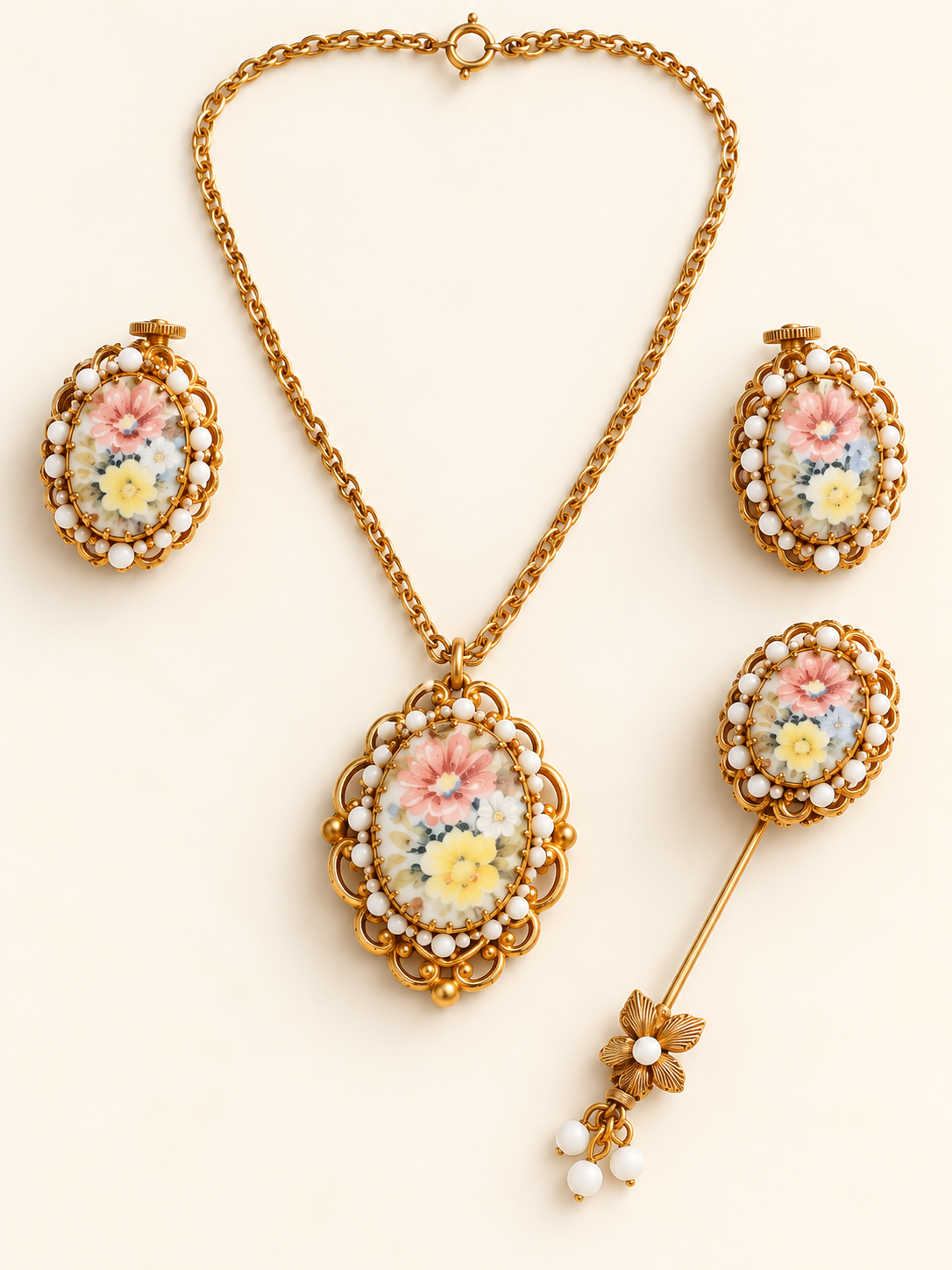 Vintage Miriam Haskell Hand-Painted Floral Porcelain Four-Piece Jewelry Set | Collector’s Ensemble