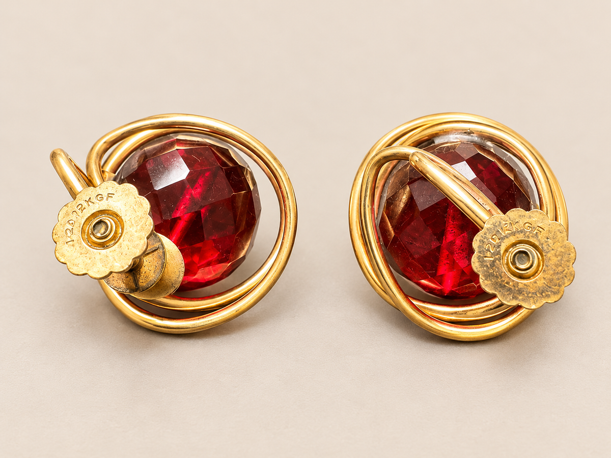 Vintage Cherry Red Bakelite 12K Gold Filled Sculptural Screwback Earrings