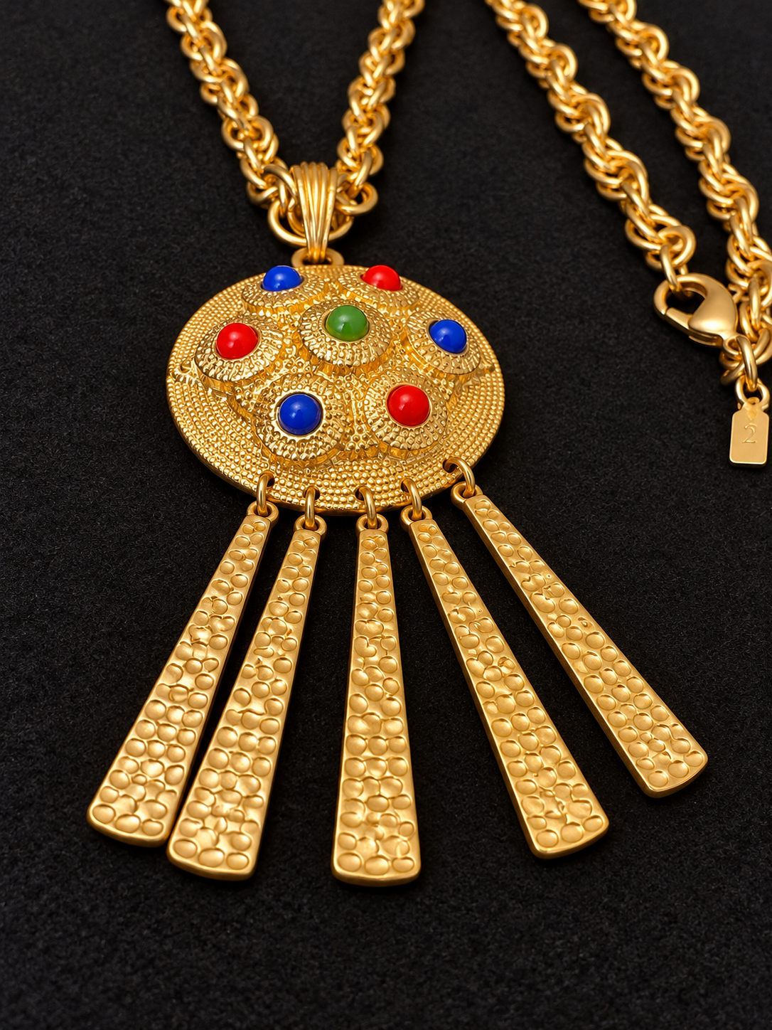 Vintage Kenneth Jay Lane KJL CN Gold-Tone Medallion Necklace with Multicolor Cabochons & Articulated Fringe