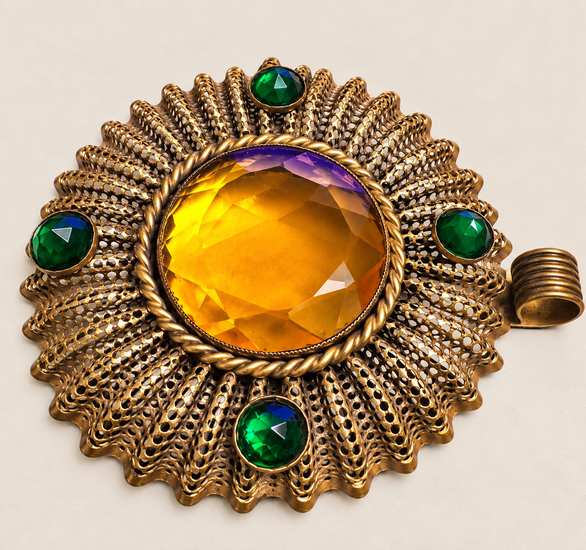 Rare Antique Ben Meltzer New York Statement Medallion Pendant – Amber & Emerald Green Glass