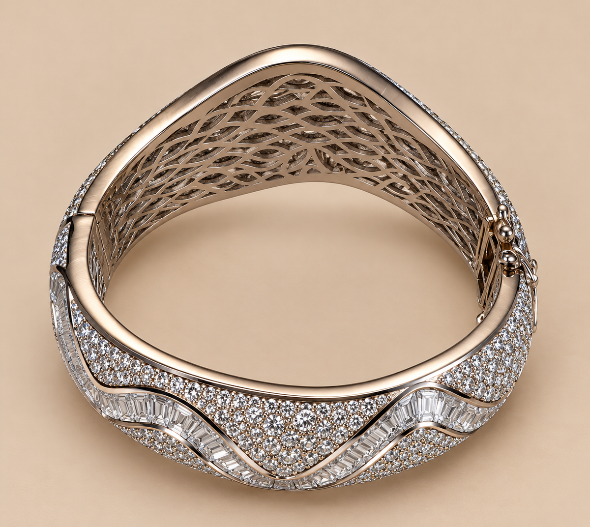 Vintage Platinum-Plated Stainless Steel Crystal Hinged Cuff Bracelet | Sculptural Baguette & Pavé Design