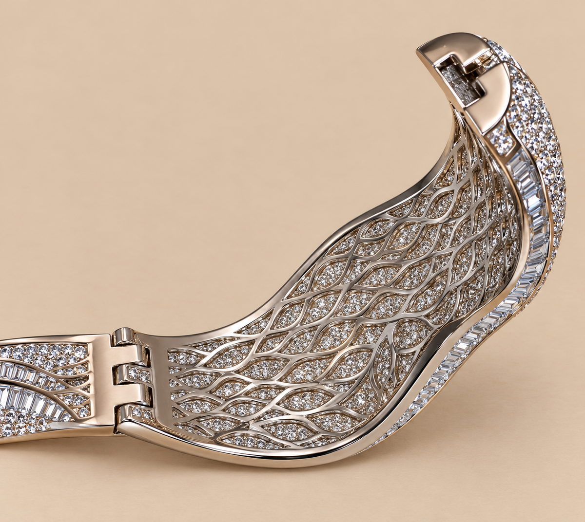 Vintage Platinum-Plated Stainless Steel Crystal Hinged Cuff Bracelet | Sculptural Baguette & Pavé Design