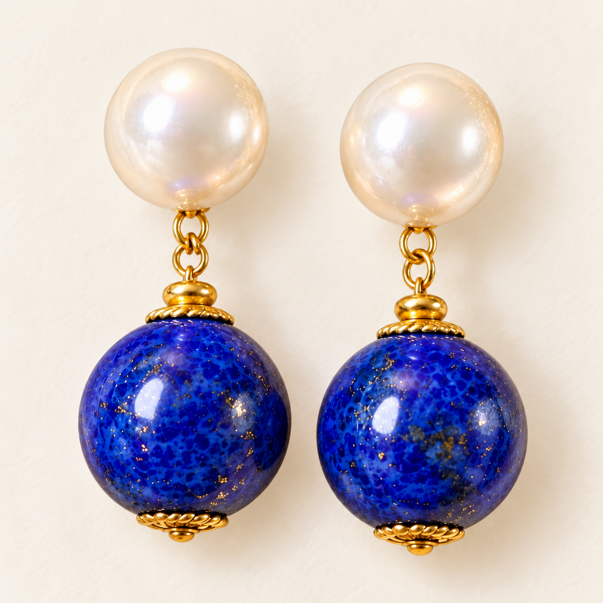 Vintage Napier Genuine Lapis & Pearl Statement Drop Earrings – Elegant Gold-Tone Screwback Dangles