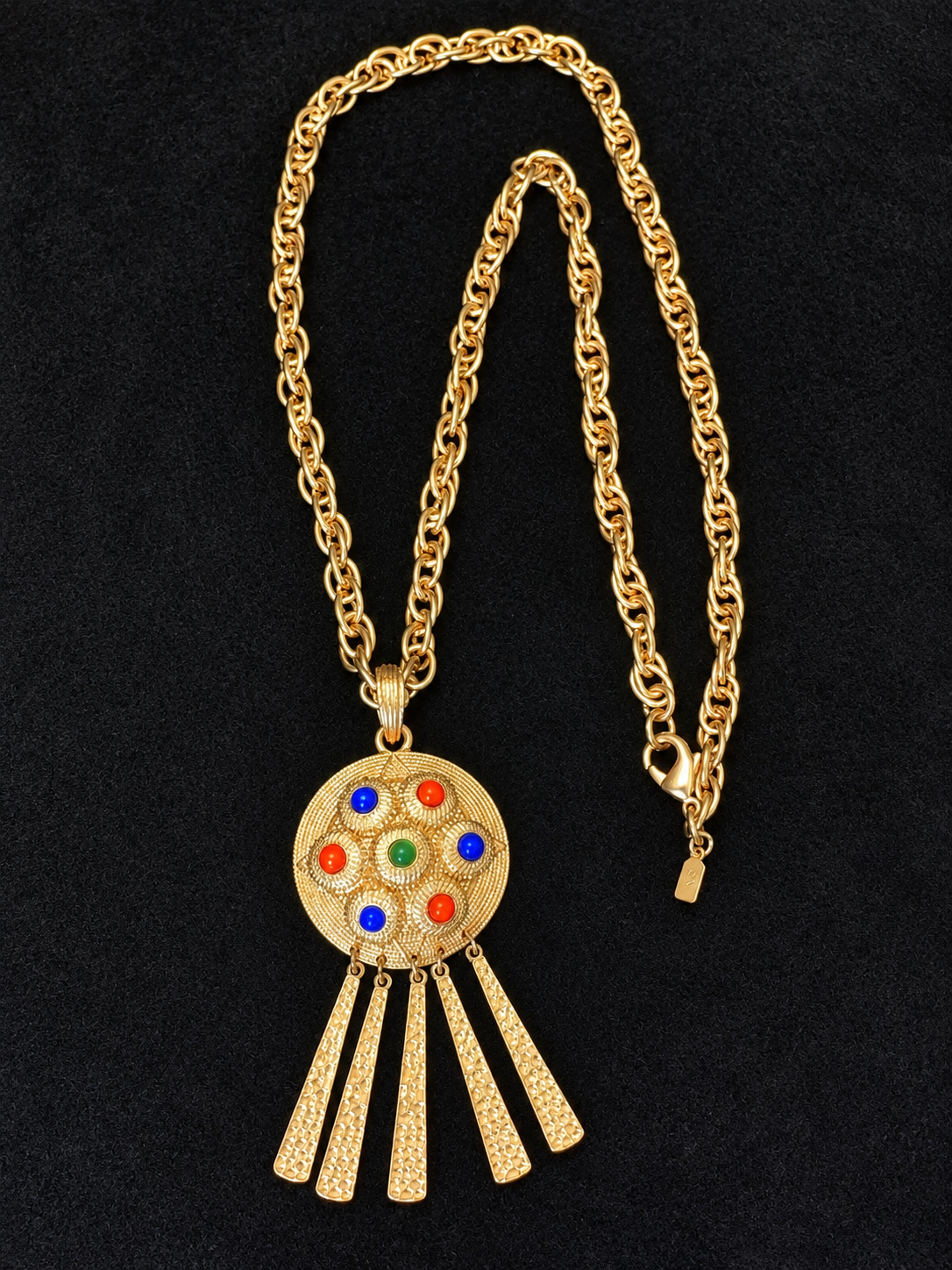 Vintage Kenneth Jay Lane KJL CN Gold-Tone Medallion Necklace with Multicolor Cabochons & Articulated Fringe