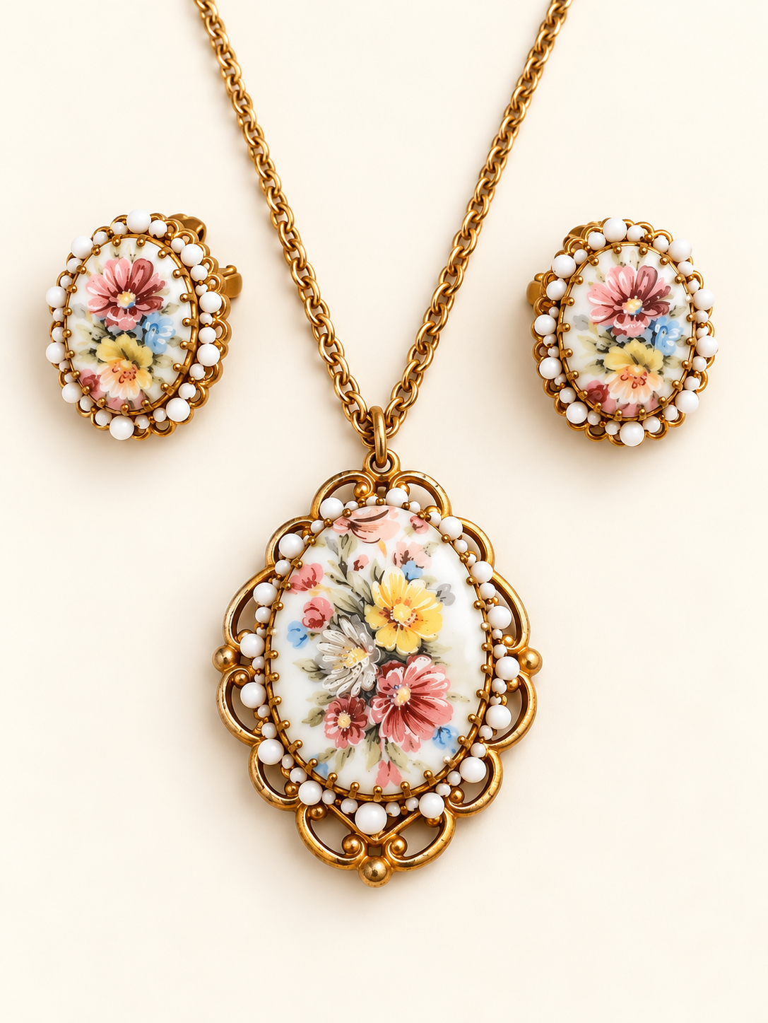 Vintage Miriam Haskell Hand-Painted Floral Porcelain Four-Piece Jewelry Set | Collector’s Ensemble