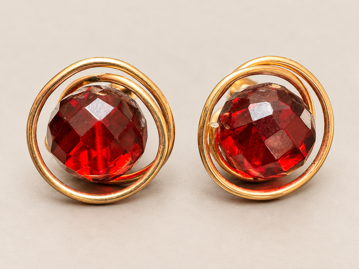 Vintage Cherry Red Bakelite 12K Gold Filled Sculptural Screwback Earrings