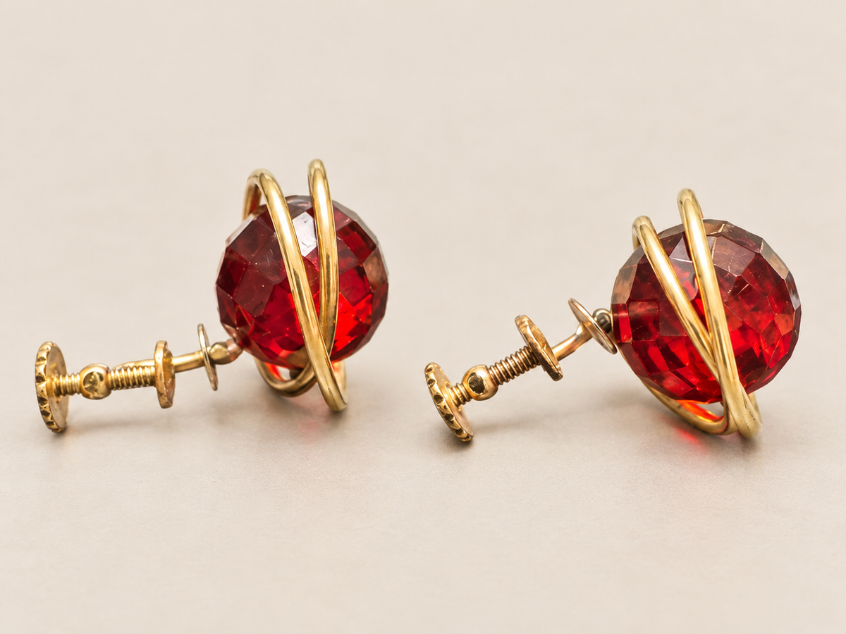 Vintage Cherry Red Bakelite 12K Gold Filled Sculptural Screwback Earrings