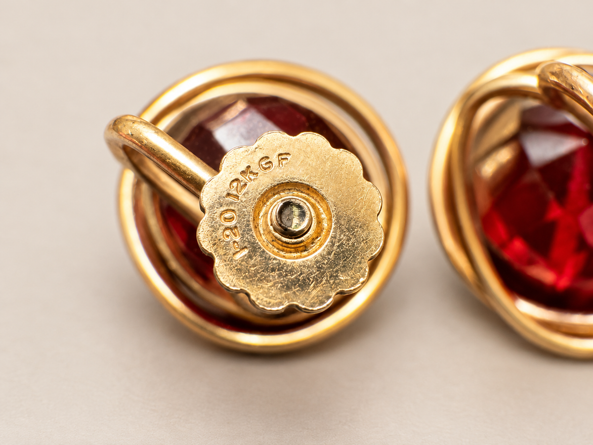 Vintage Cherry Red Bakelite 12K Gold Filled Sculptural Screwback Earrings