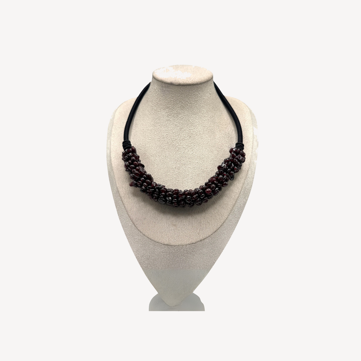Natural Garnet Cabochon Choker Necklace with Silk Cord & Jadeite Bead Closure – 18” Adjustable