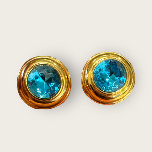 Vintage Monet Blue Topaz Glass Rivoli Clip-On Earrings – Gold Tone 1980s