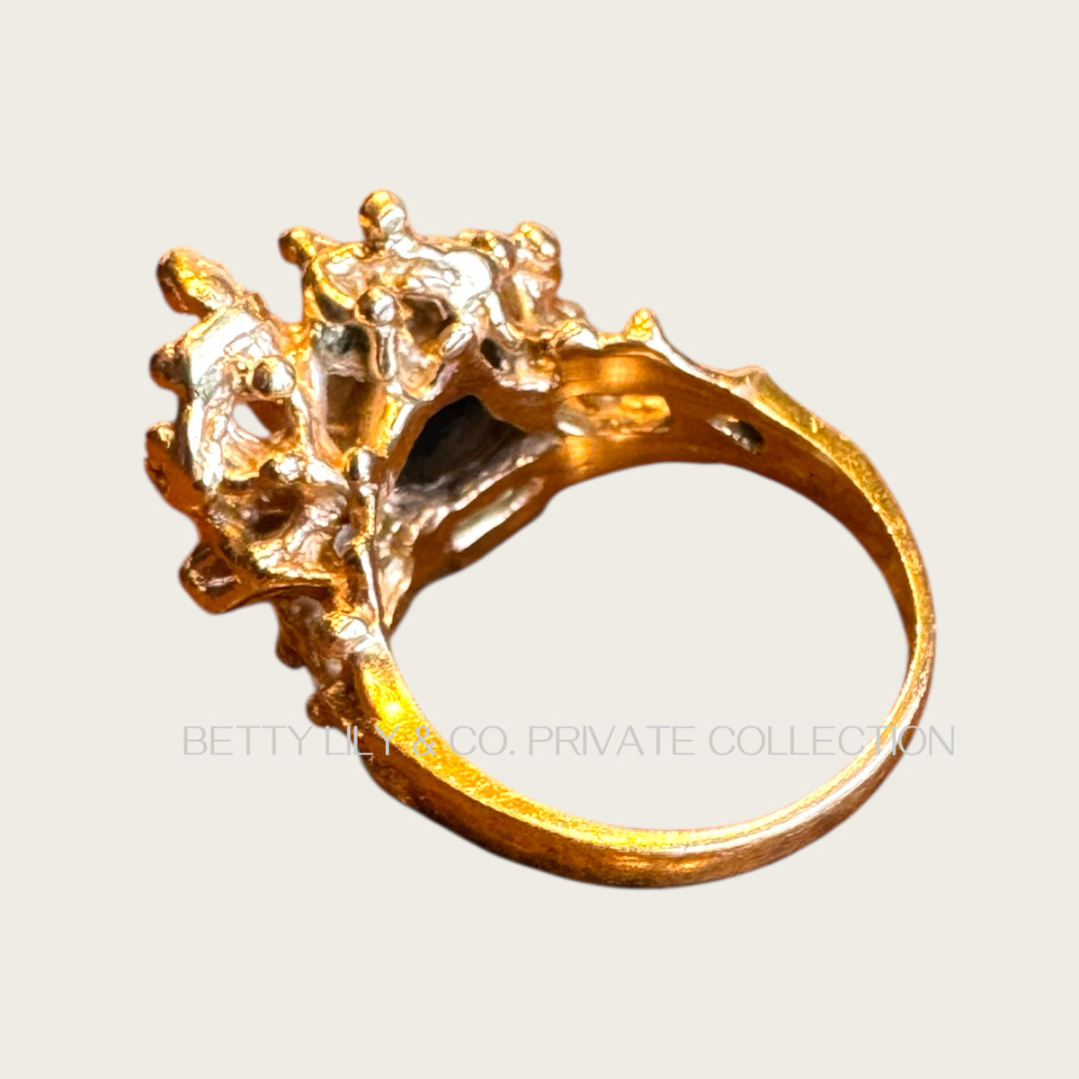 Vintage 14K Gold Brutalist Natural Black Opal Ring | Private Collection
