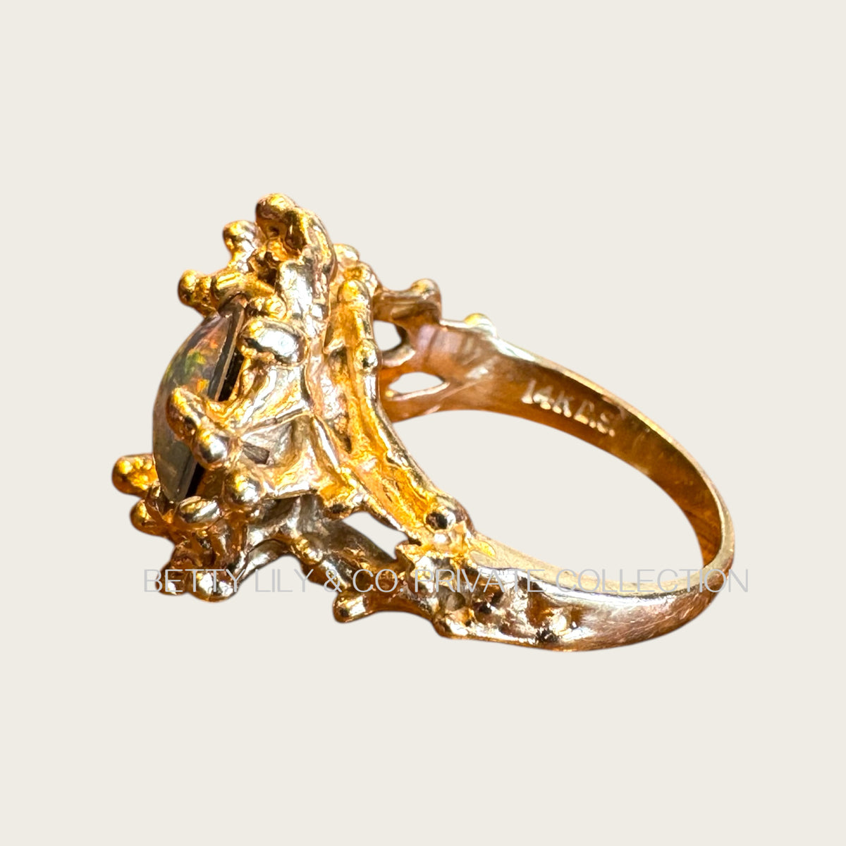 Vintage 14K Gold Brutalist Natural Black Opal Ring | Private Collection