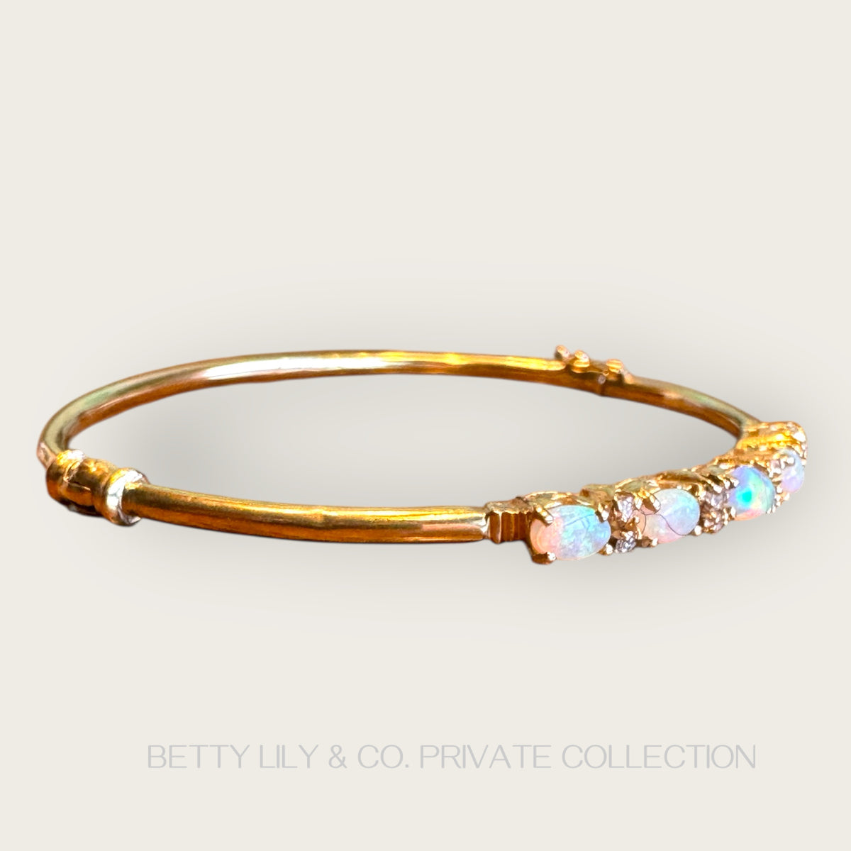 Vintage 14K Gold Natural Opal & Diamond Bangle Bracelet | Private Collection