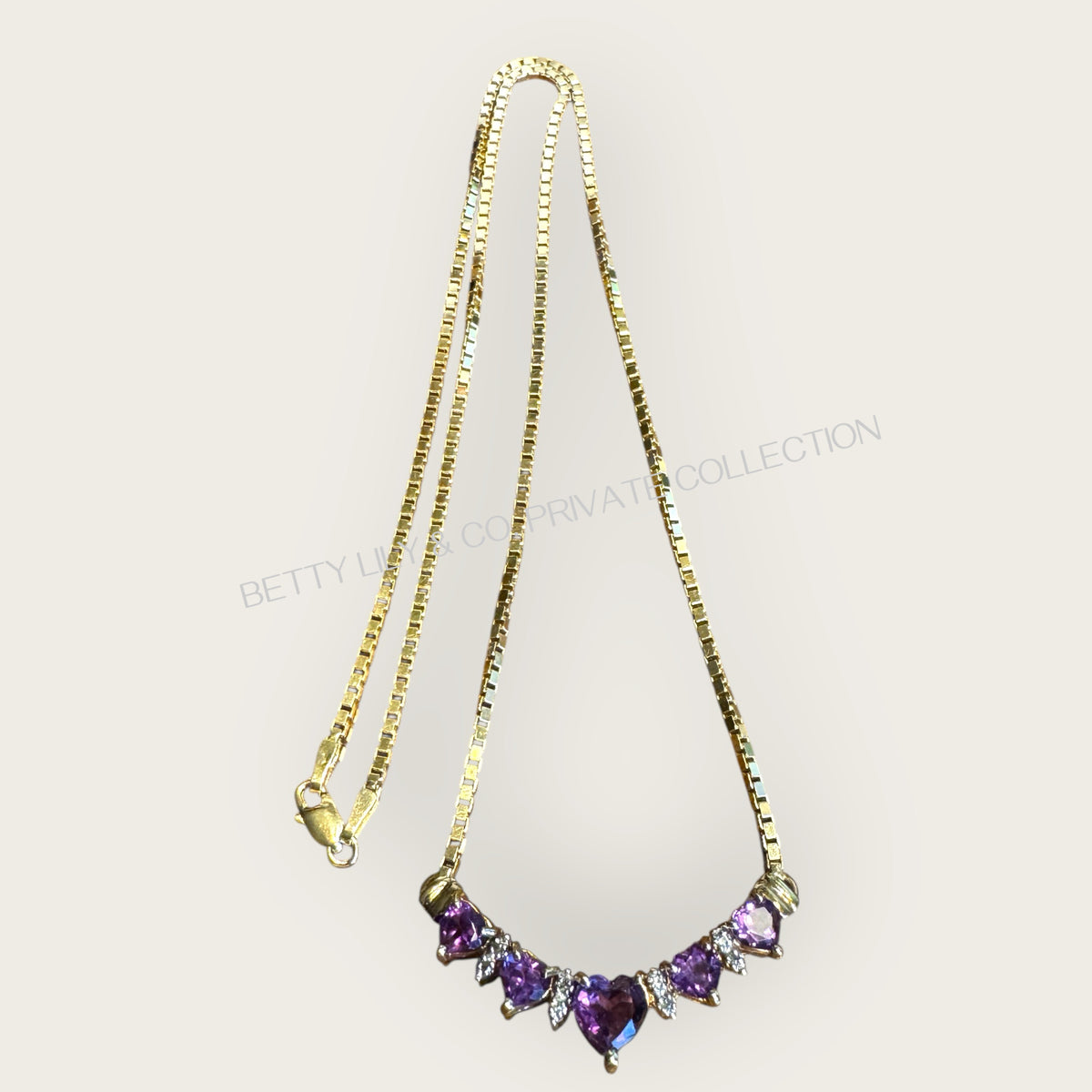 Vintage 14K Solid Gold Multi Heart-Cut Amethyst & Diamond Necklace – 18” Box Chain | Private Collection