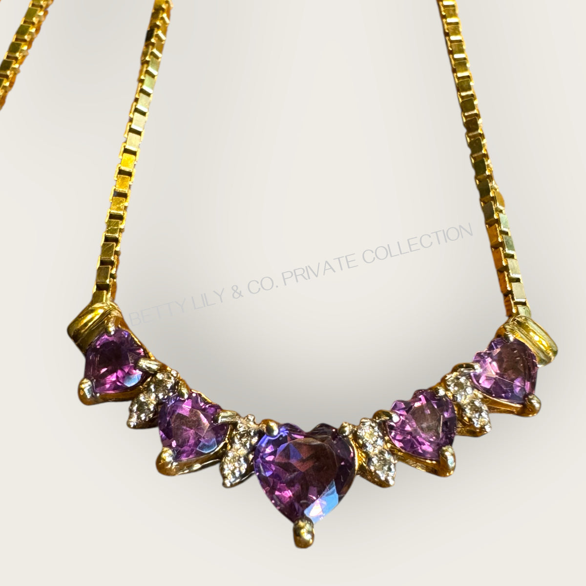 Vintage 14K Solid Gold Multi Heart-Cut Amethyst & Diamond Necklace – 18” Box Chain | Private Collection