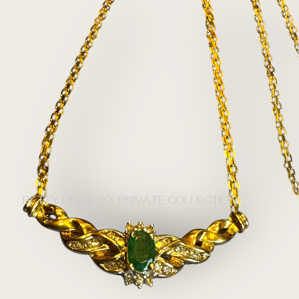 Vintage 10K Solid Gold Emerald & Diamond Ribbon Necklace – 16” Elongated Cable Chain | Private Collection