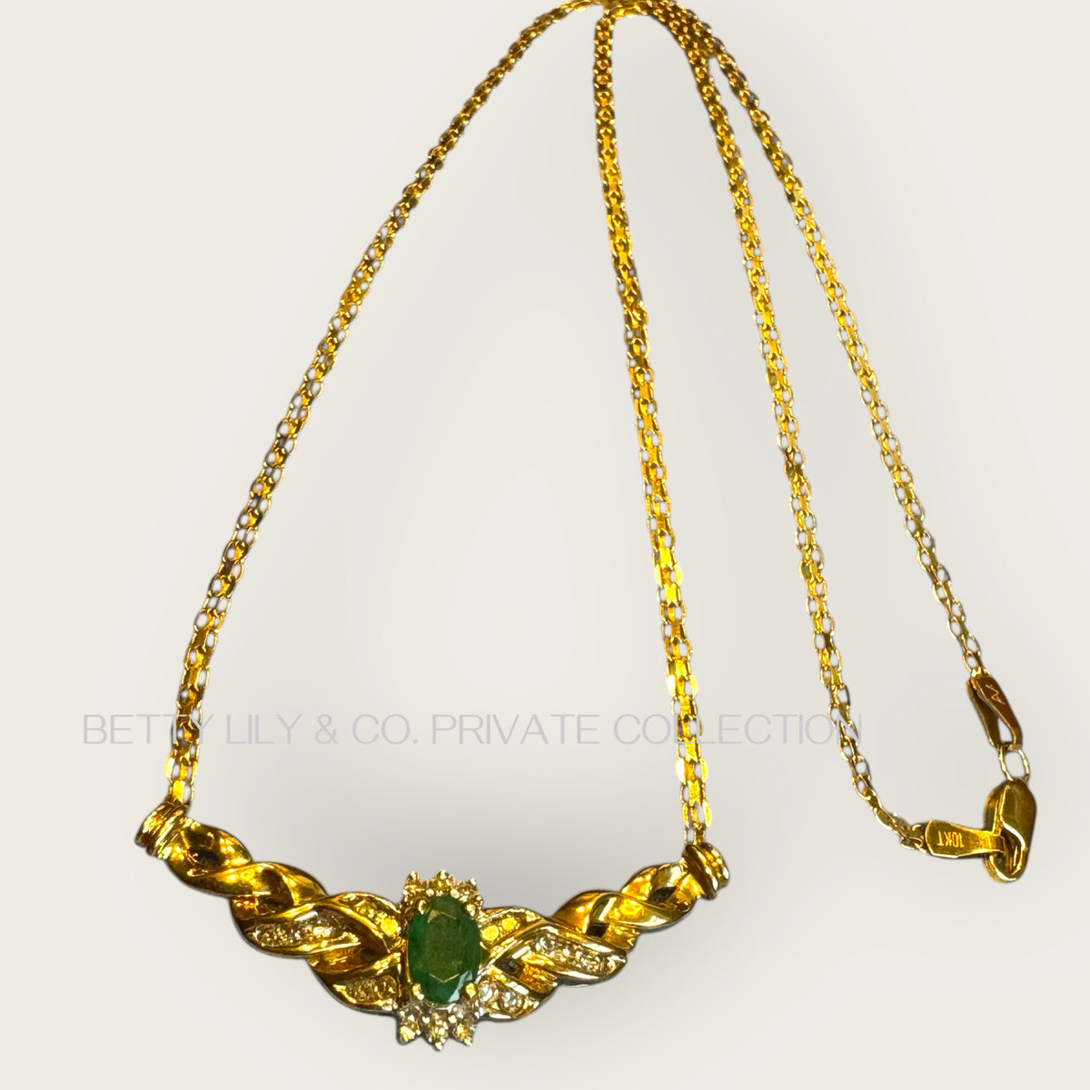 Vintage 10K Solid Gold Emerald & Diamond Ribbon Necklace – 16” Elongated Cable Chain | Private Collection