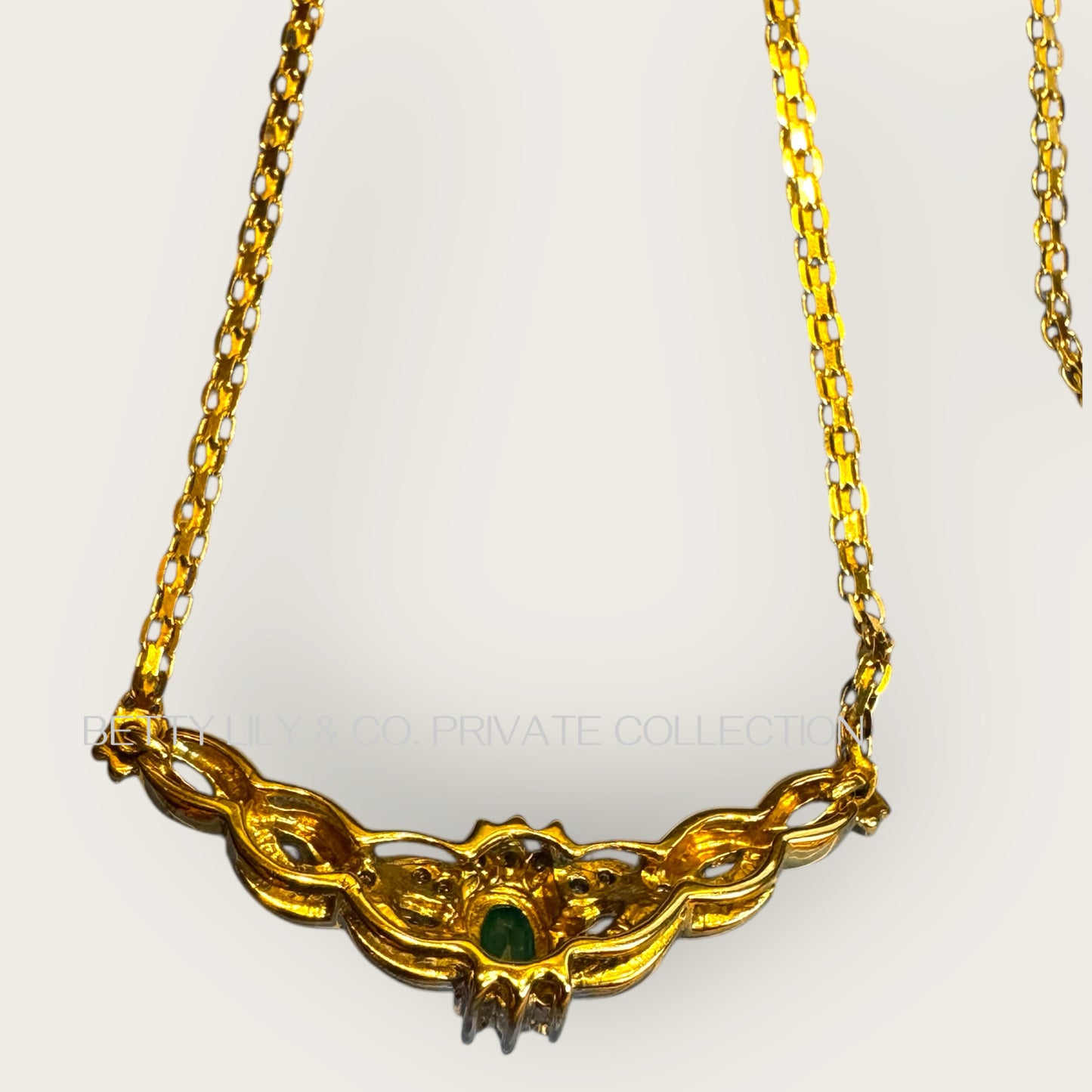 Vintage 10K Solid Gold Emerald & Diamond Ribbon Necklace – 16” Elongated Cable Chain | Private Collection