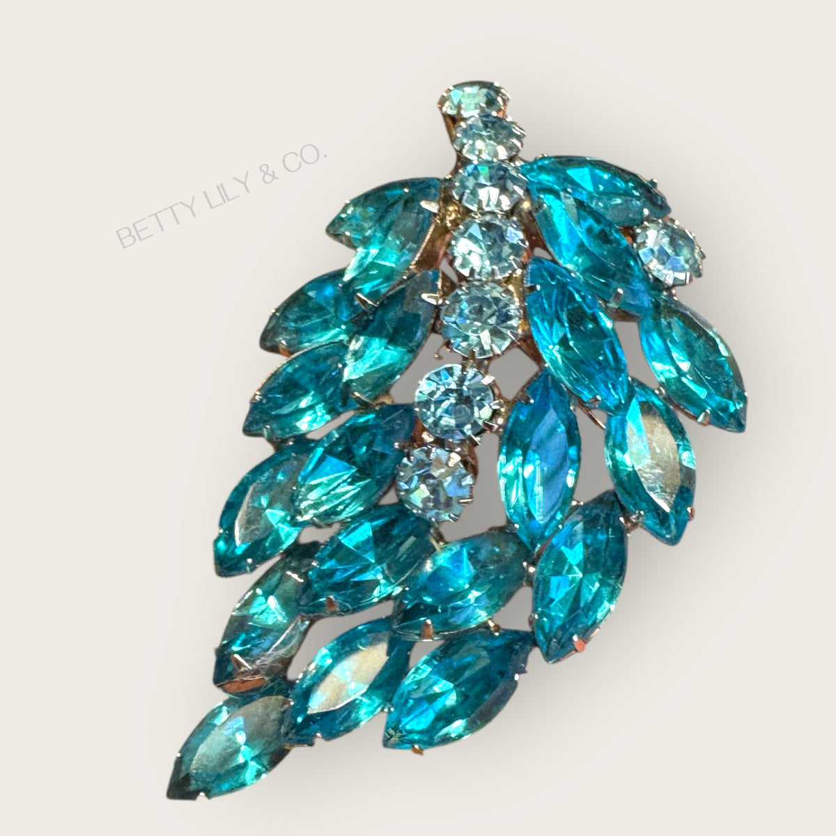 Vintage Turquoise & Ice Blue Marquis Rhinestone Leaf Brooch – 1950s Sparkling Statement Pin