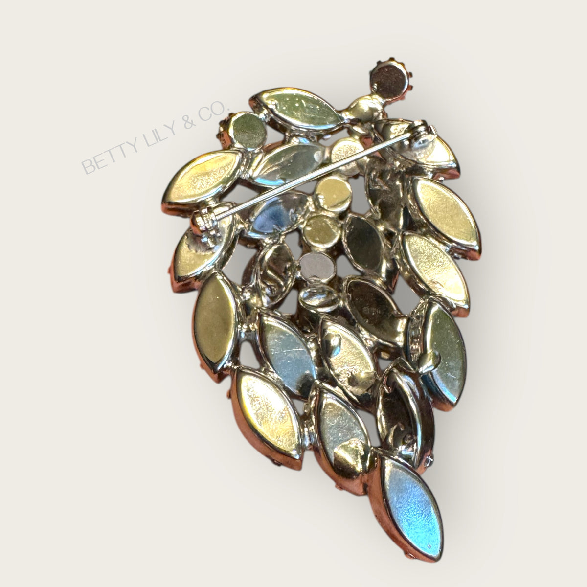 Vintage Turquoise & Ice Blue Marquis Rhinestone Leaf Brooch – 1950s Sparkling Statement Pin