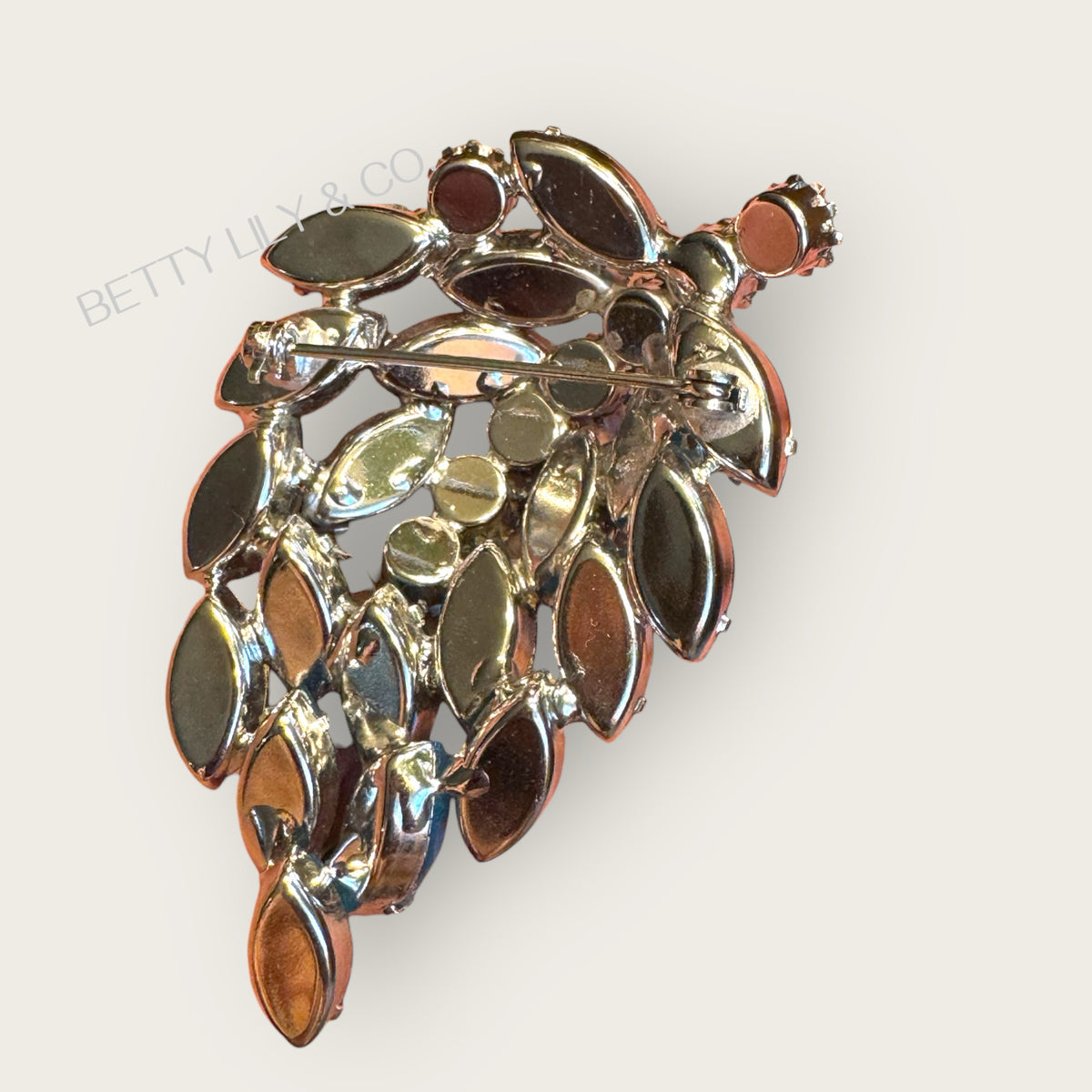 Vintage Turquoise & Ice Blue Marquis Rhinestone Leaf Brooch – 1950s Sparkling Statement Pin