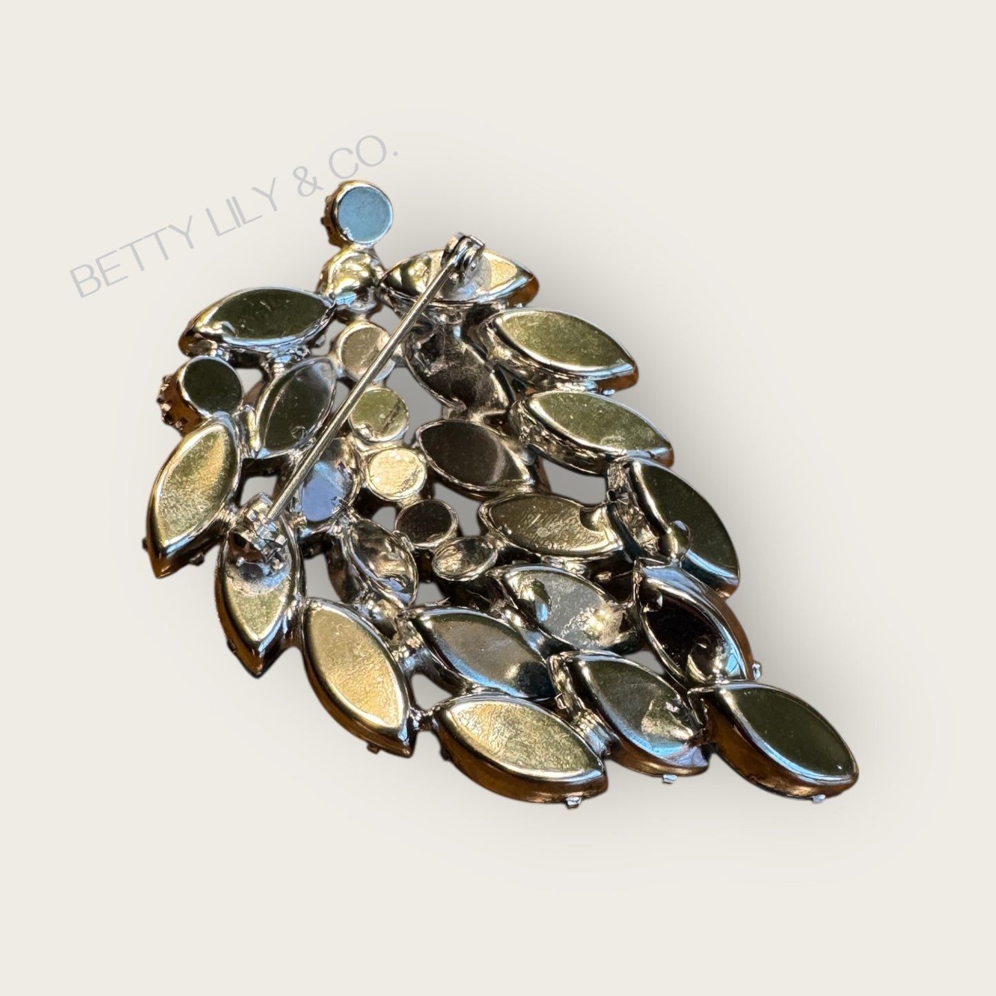 Vintage Turquoise & Ice Blue Marquis Rhinestone Leaf Brooch – 1950s Sparkling Statement Pin