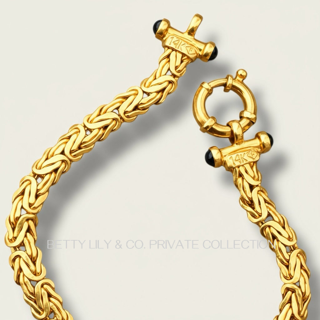 Vintage 14K Gold Wheat Chain Bracelet with Black Cabochon End Caps – 7.5” | Private Collection