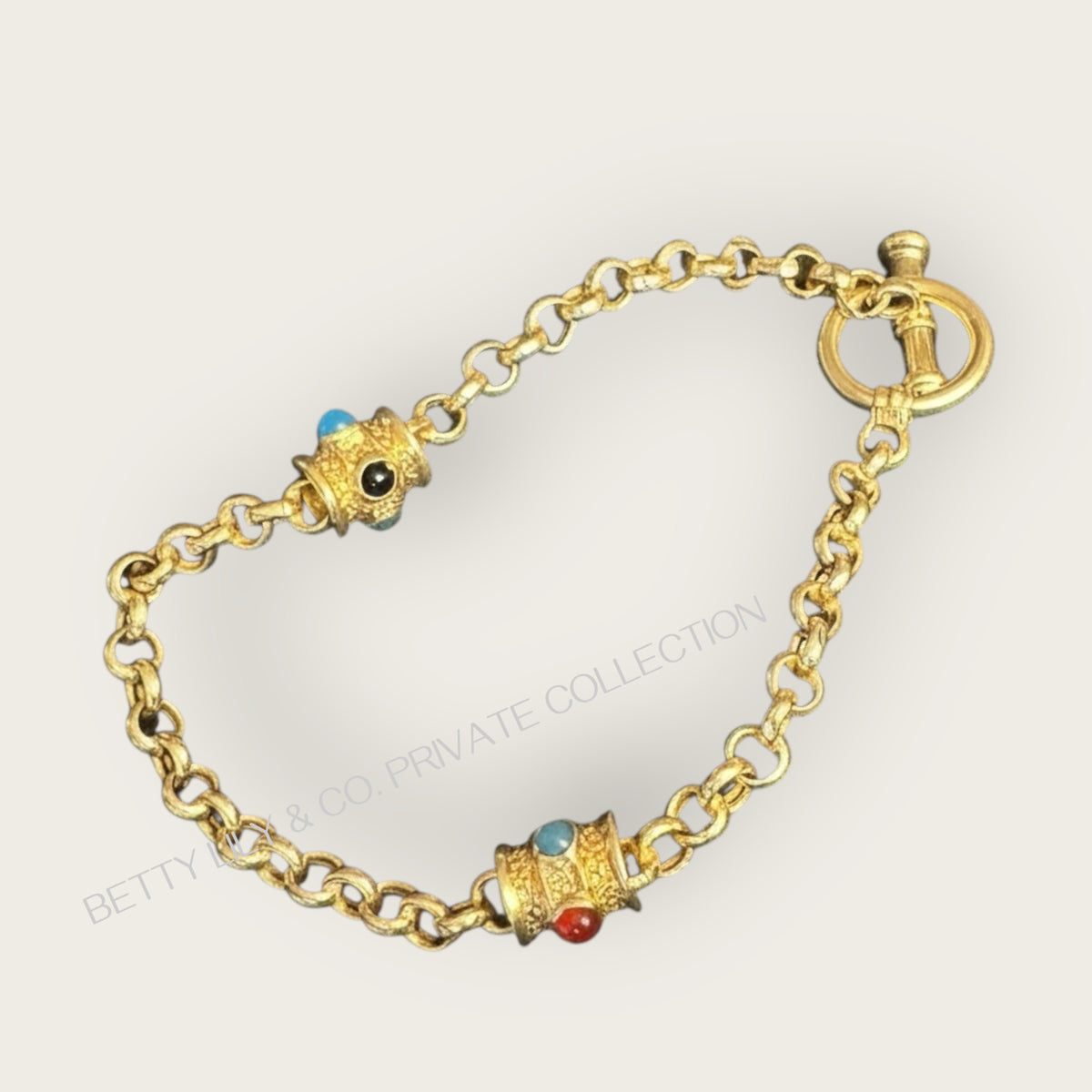 Vintage Italian 14K Gold Rolo Chain Bracelet with Ornate Etruscan-Style Beads | Private Collection