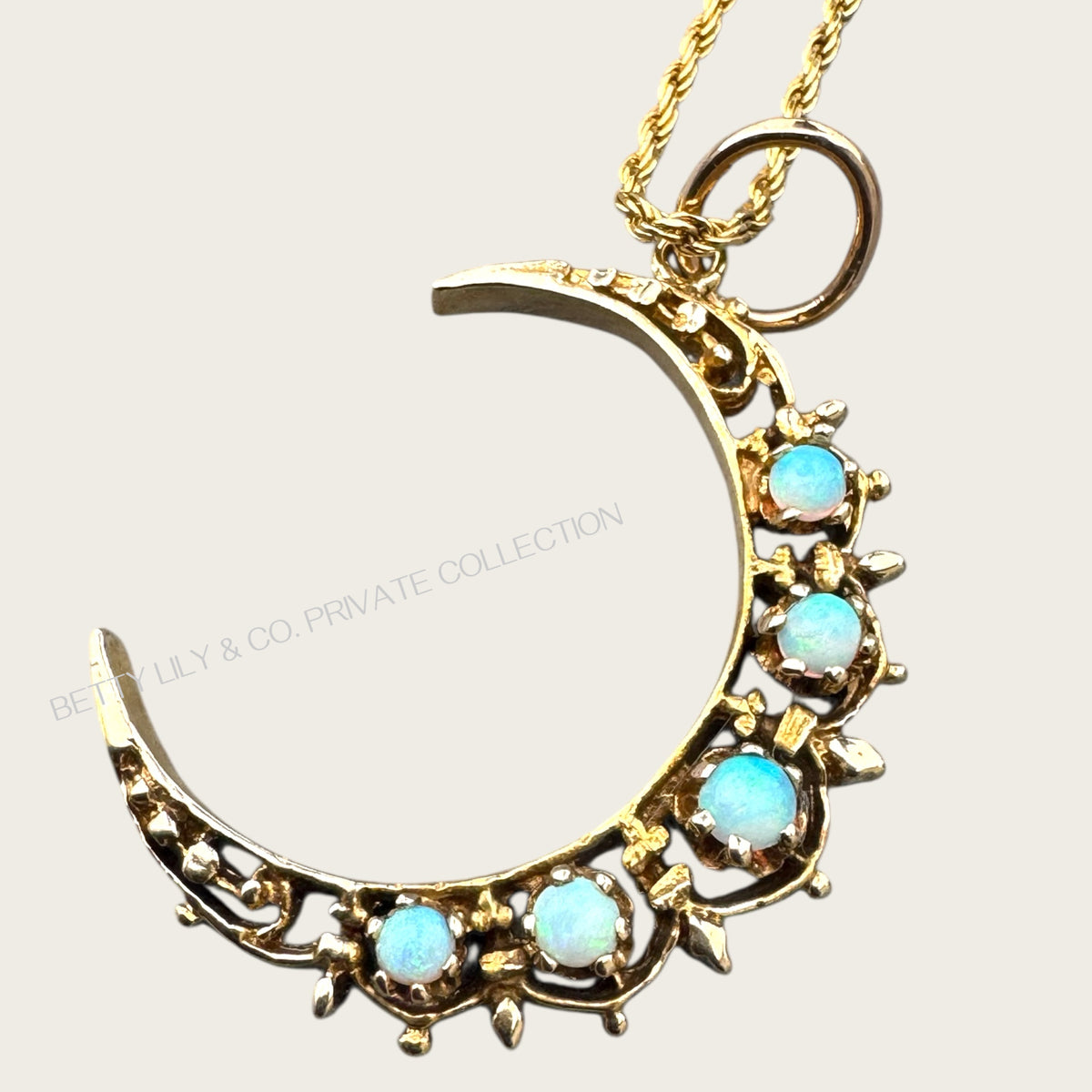 Vintage 14K Solid Yellow Gold Crescent Moon Charm with Natural Opals | Private Collection