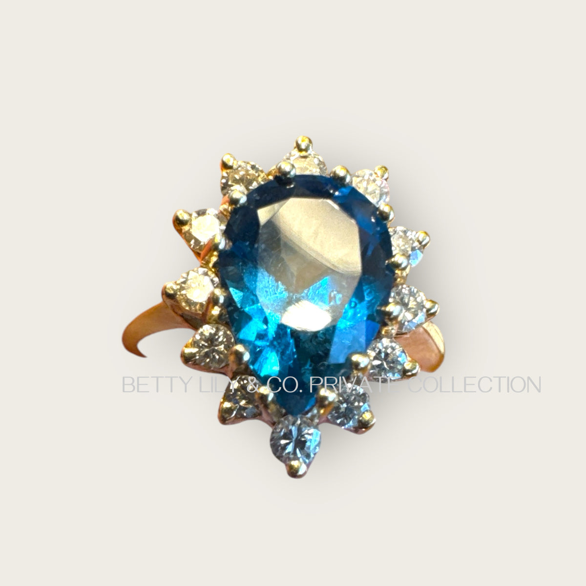 Vintage Solid 14K Yellow Gold Pear-Cut Blue Topaz & Diamond Halo Ring – Size 6 | Private Collection