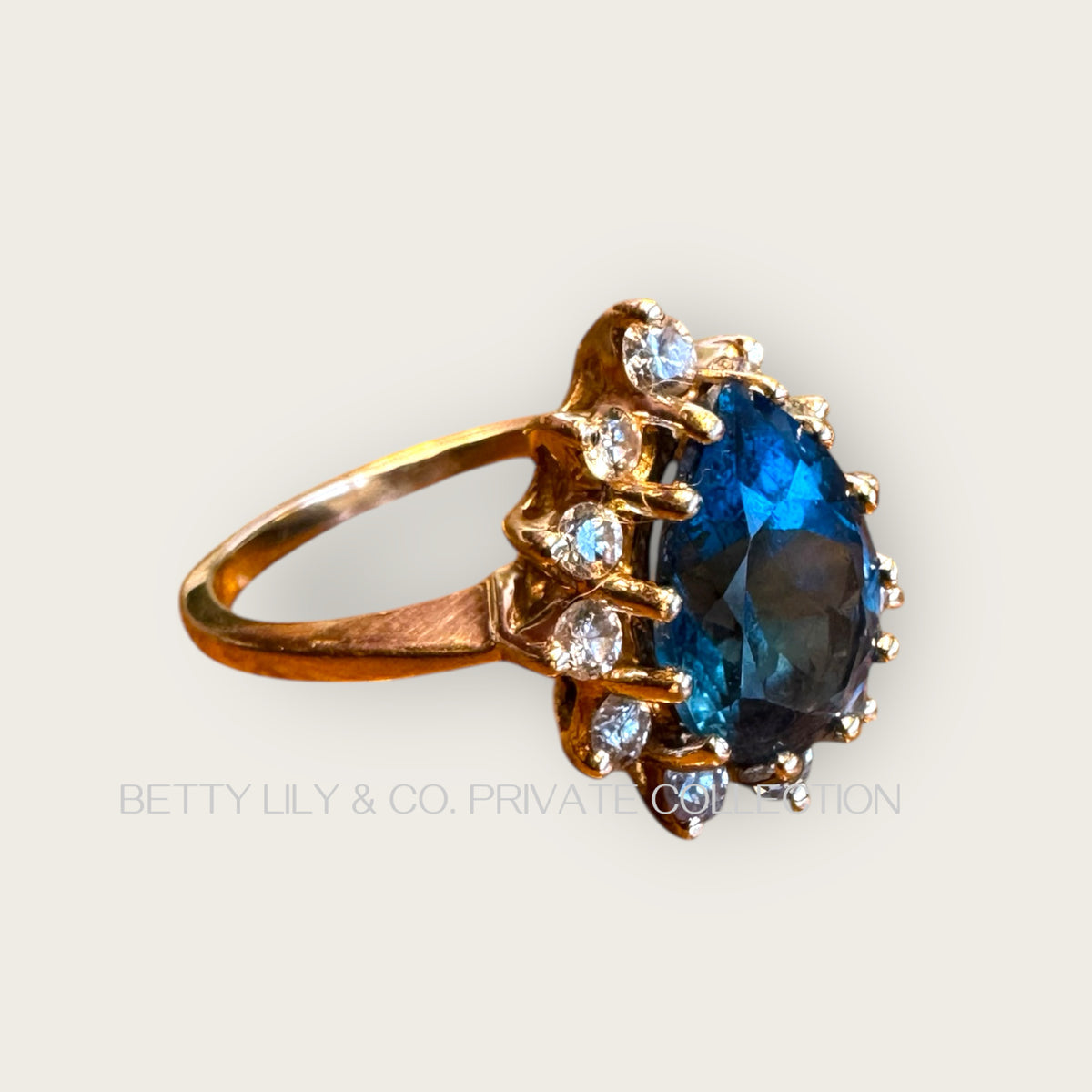 Vintage Solid 14K Yellow Gold Pear-Cut Blue Topaz & Diamond Halo Ring – Size 6 | Private Collection