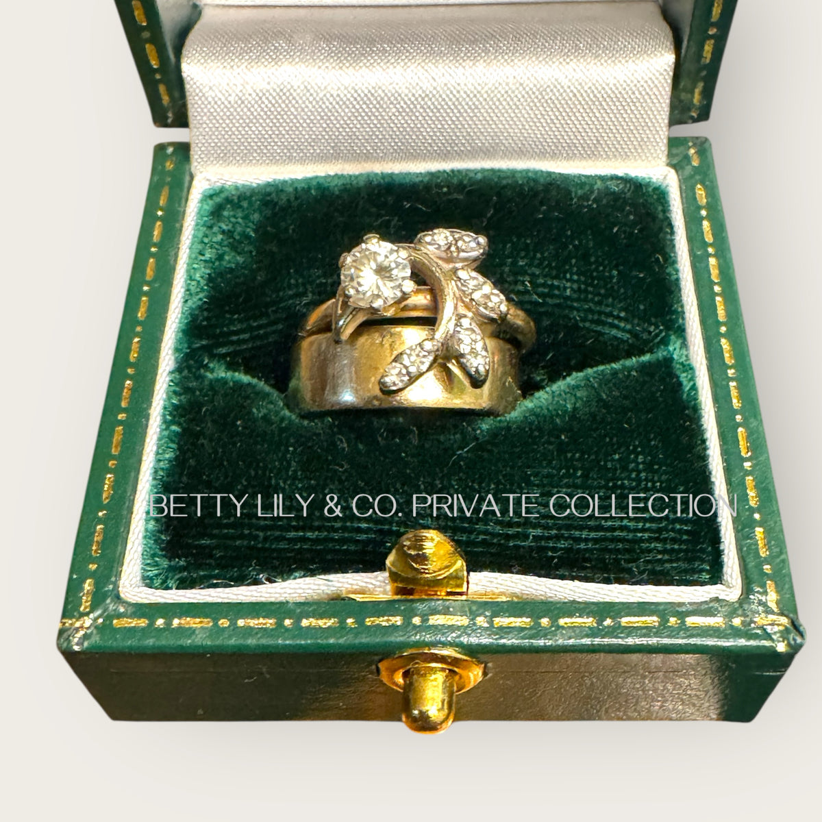 Mid-Century Diamond Laurel Spray Ring Set in 14K Yellow & White Gold | Private Collection