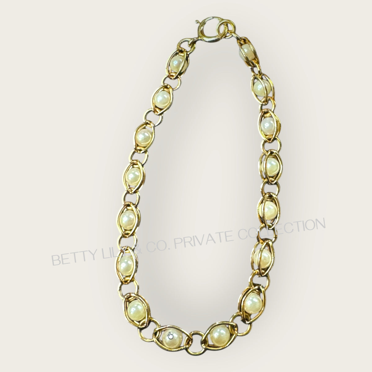 14K Yellow Gold Caged Cultured Pearl Bracelet – Mid-Century Grace & Golden Luster | Private Collection
