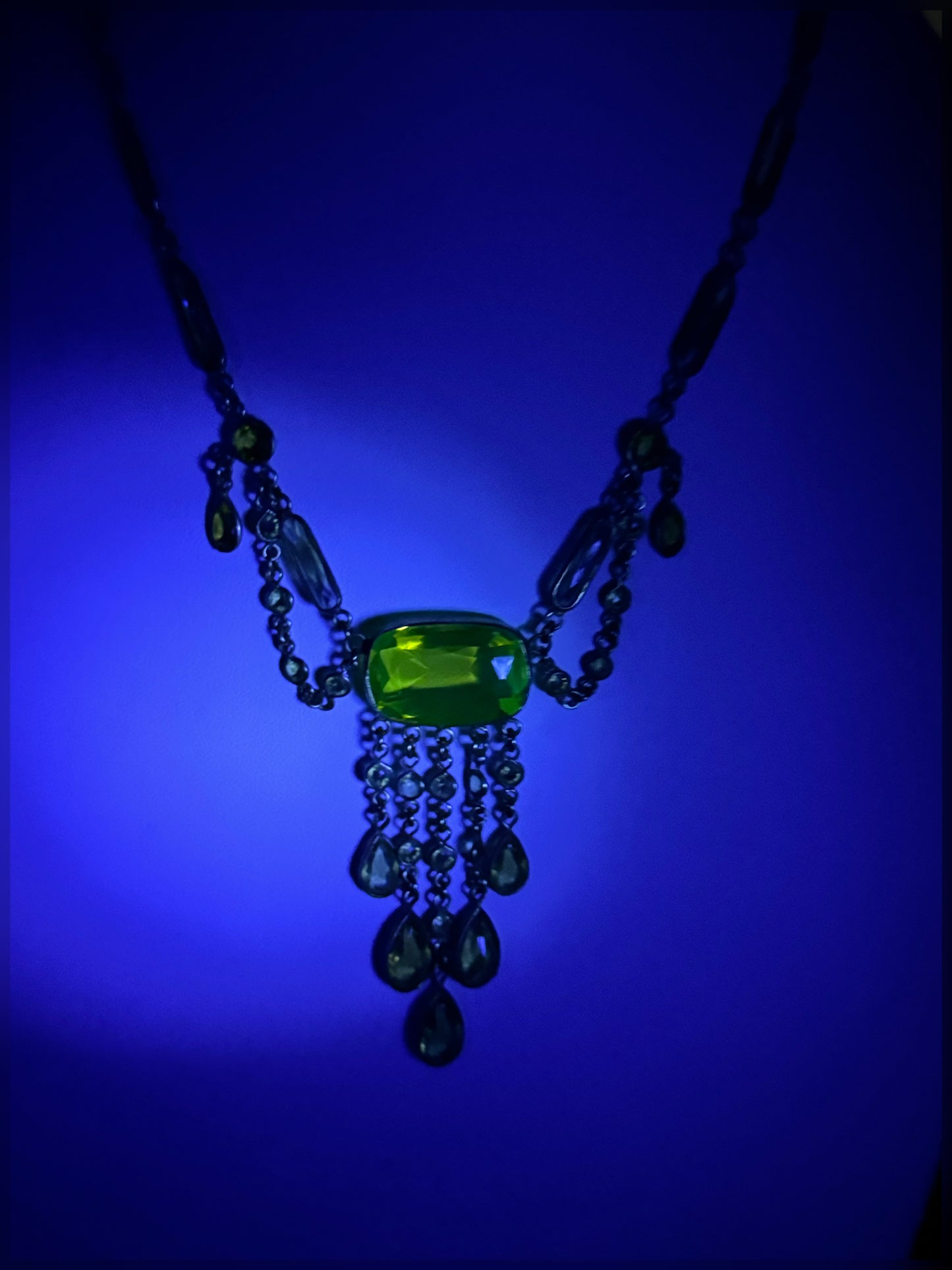 Antique 1920s Gold Festoon Necklace with Glowing Vaseline Glass & Crystal Dangles