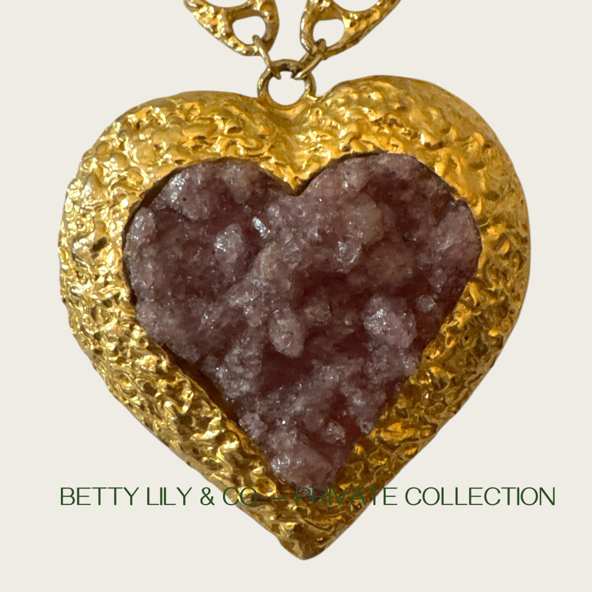 Rare Vintage Kenneth Jay Lane Couture Heart Necklace – Sculptural Purple Druzy, Gold Open Link Chain, Signed | Private Collection