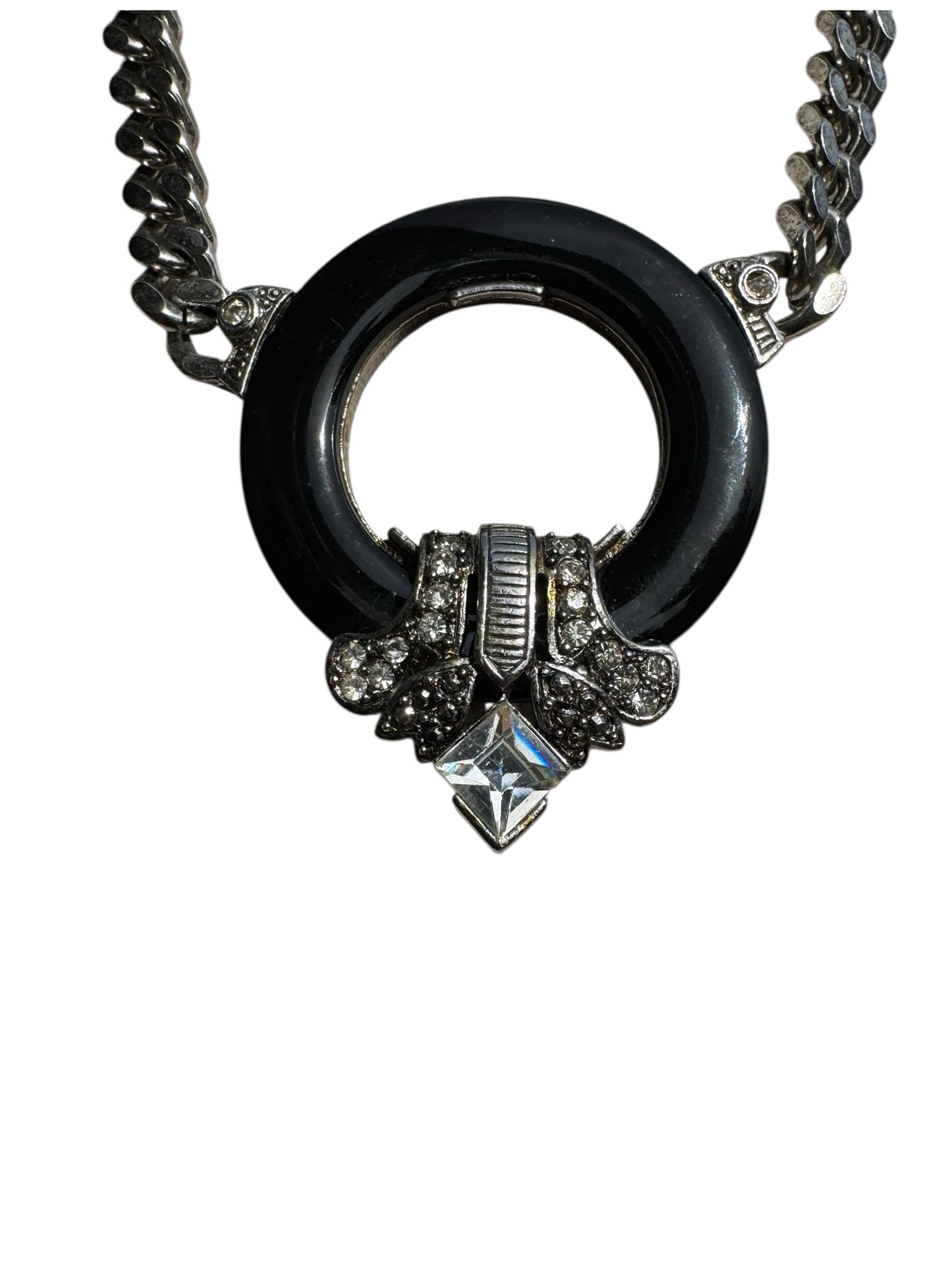 Vintage CRAFT signed Art Deco revival statement necklace – black lucite, rhinestones & crystal – 1970s–80s bold couture jewelry