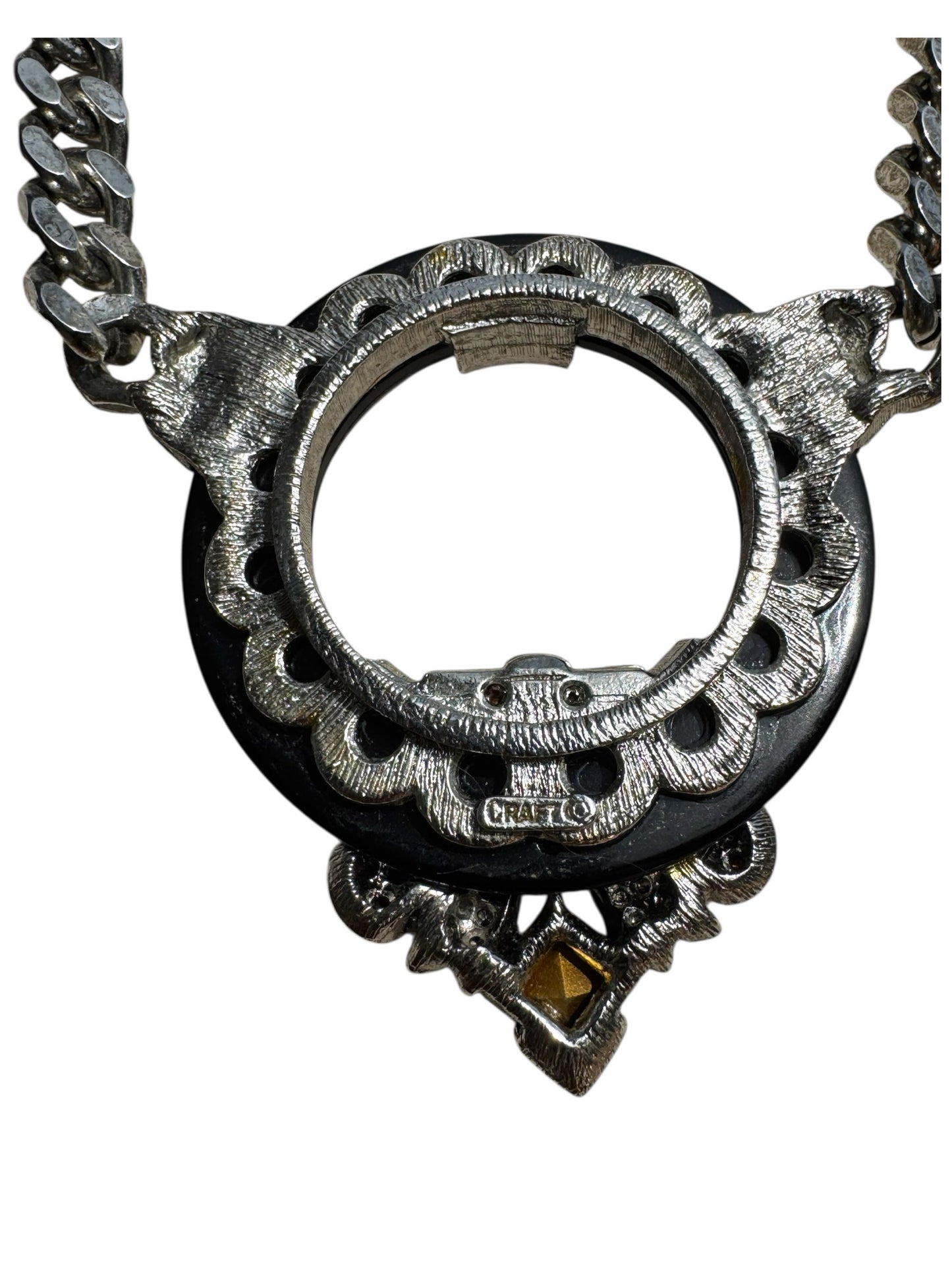 Vintage CRAFT signed Art Deco revival statement necklace – black lucite, rhinestones & crystal – 1970s–80s bold couture jewelry