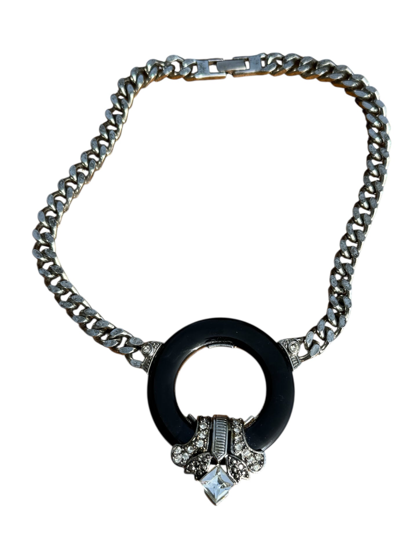 Vintage CRAFT signed Art Deco revival statement necklace – black lucite, rhinestones & crystal – 1970s–80s bold couture jewelry