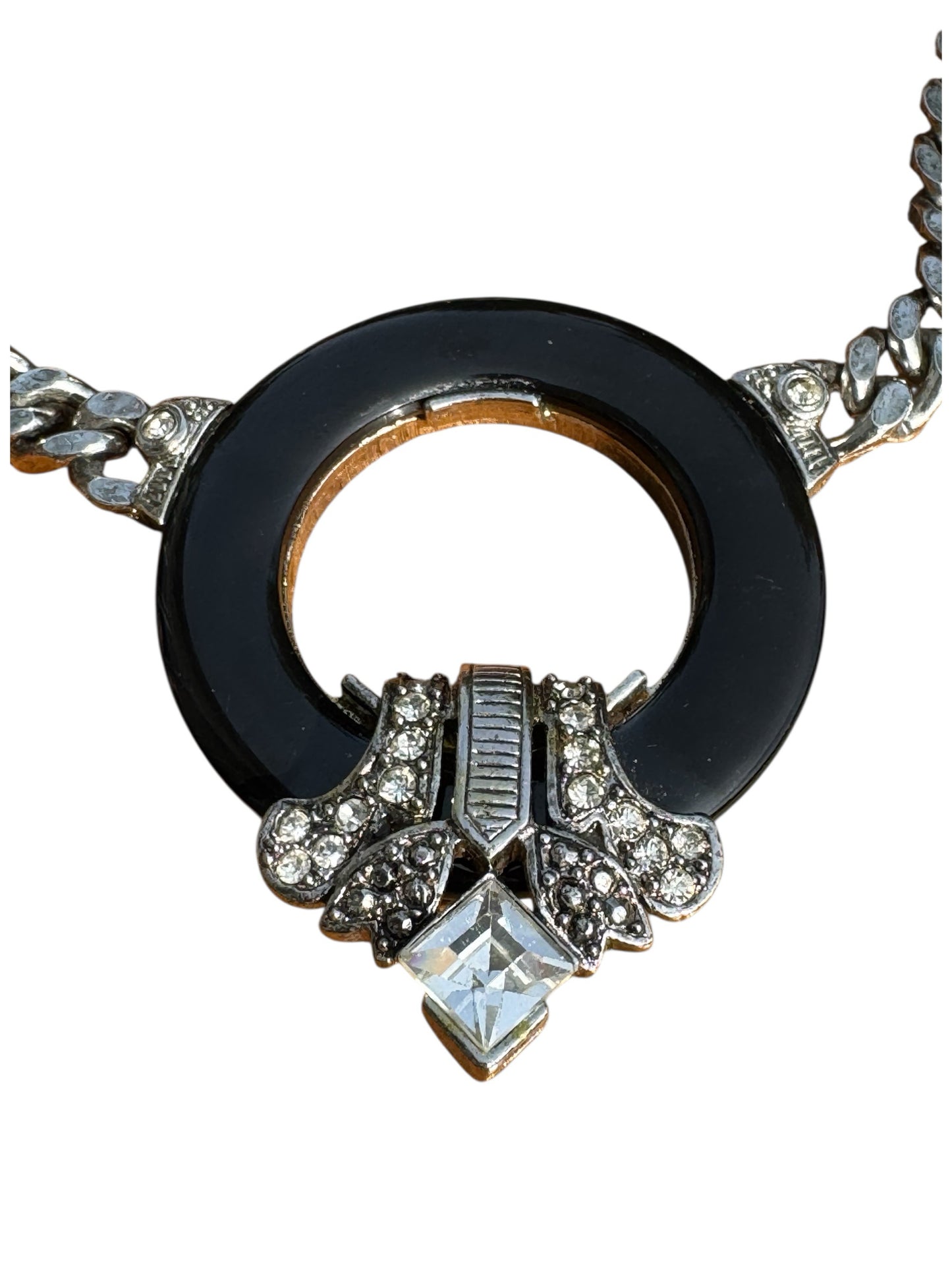 Vintage CRAFT signed Art Deco revival statement necklace – black lucite, rhinestones & crystal – 1970s–80s bold couture jewelry