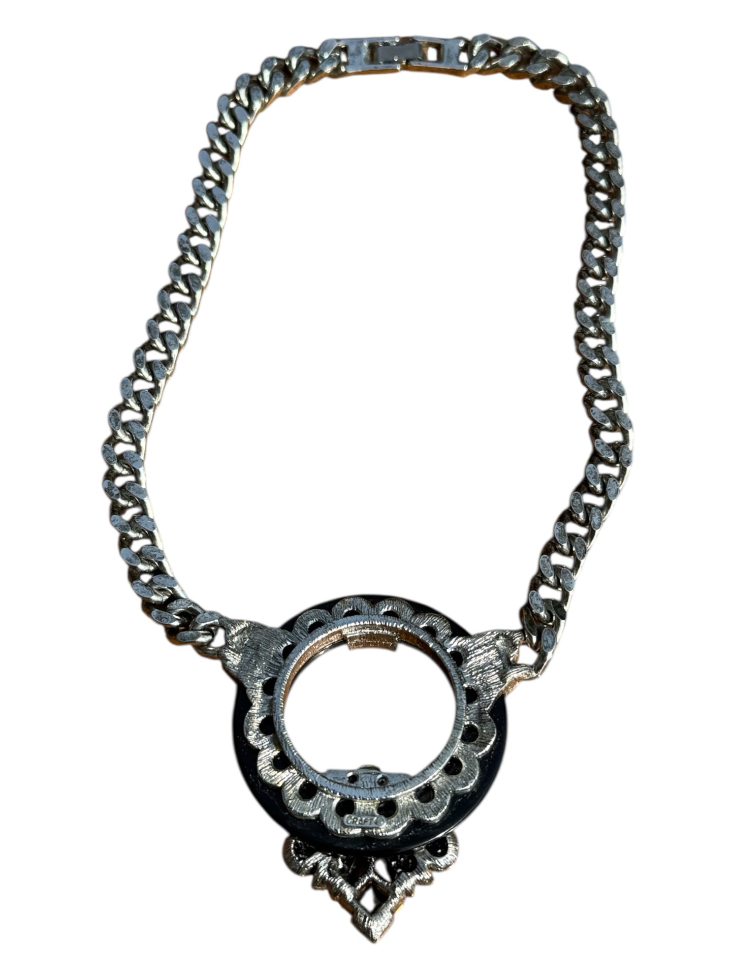 Vintage CRAFT signed Art Deco revival statement necklace – black lucite, rhinestones & crystal – 1970s–80s bold couture jewelry