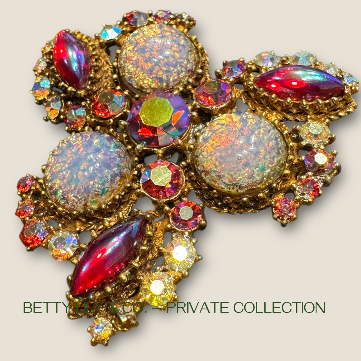 Vintage Confetti Lava Glass Cabochon & Aurora Borealis Rhinestone Brooch – Mid-Century Designer Statement | Private Collection
