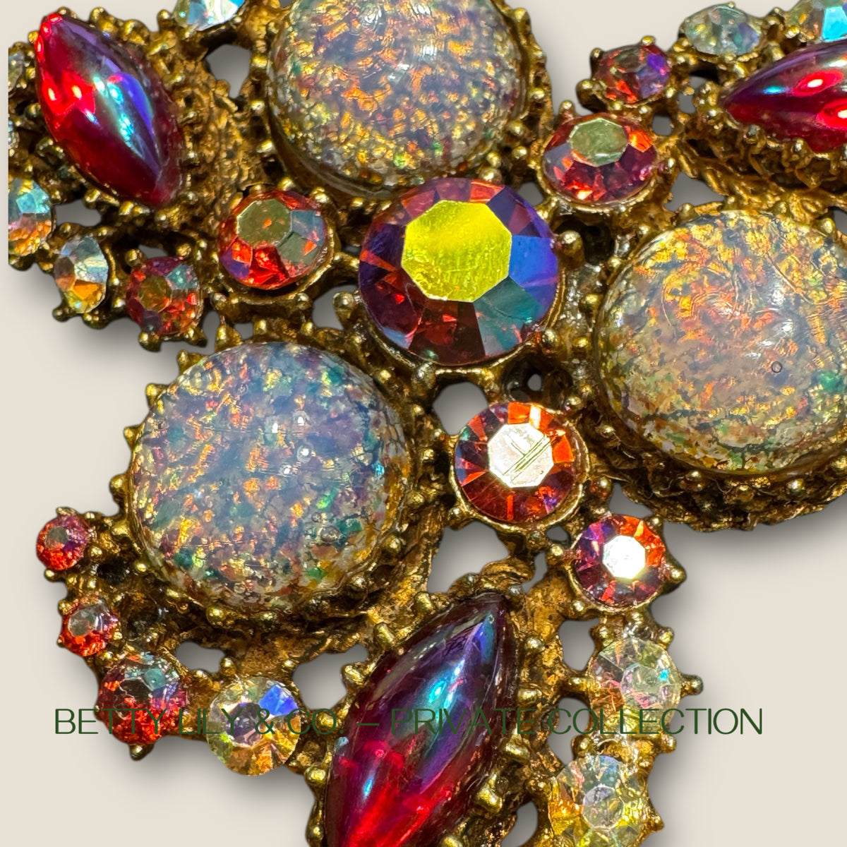 Vintage Confetti Lava Glass Cabochon & Aurora Borealis Rhinestone Brooch – Mid-Century Designer Statement | Private Collection