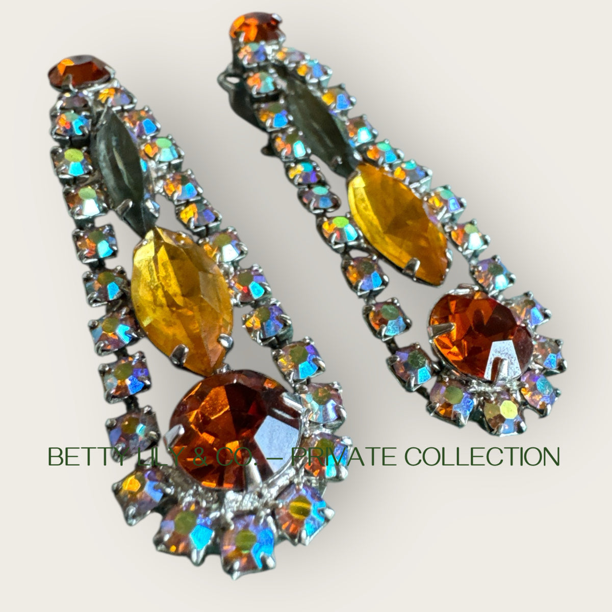 Juliana Verified Book Piece Dangle Earrings – Topaz, Amber, Mint Marquis & Aurora Borealis Rhinestones | Private Collection