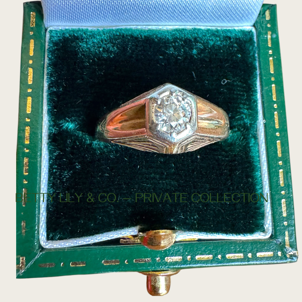 Art Deco 14K Gold Natural Diamond Gent’s Ring – Hexagonal Setting, WWP Maker’s Mark, 0.75ct | Private Collection