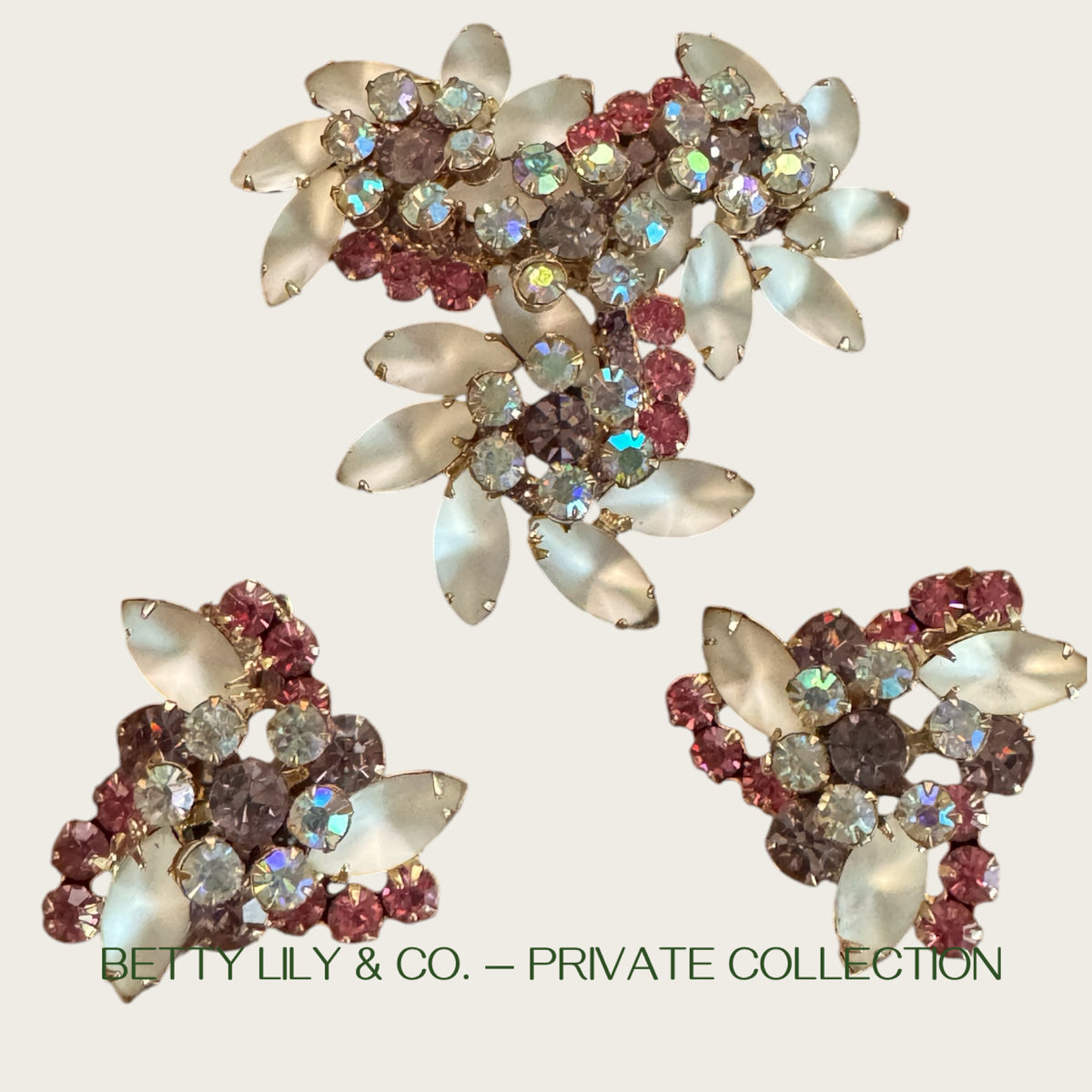 Verified Juliana Frosted Navette Lavender & Pink Rhinestone Brooch and Earrings Set – 1960s | Private Collection