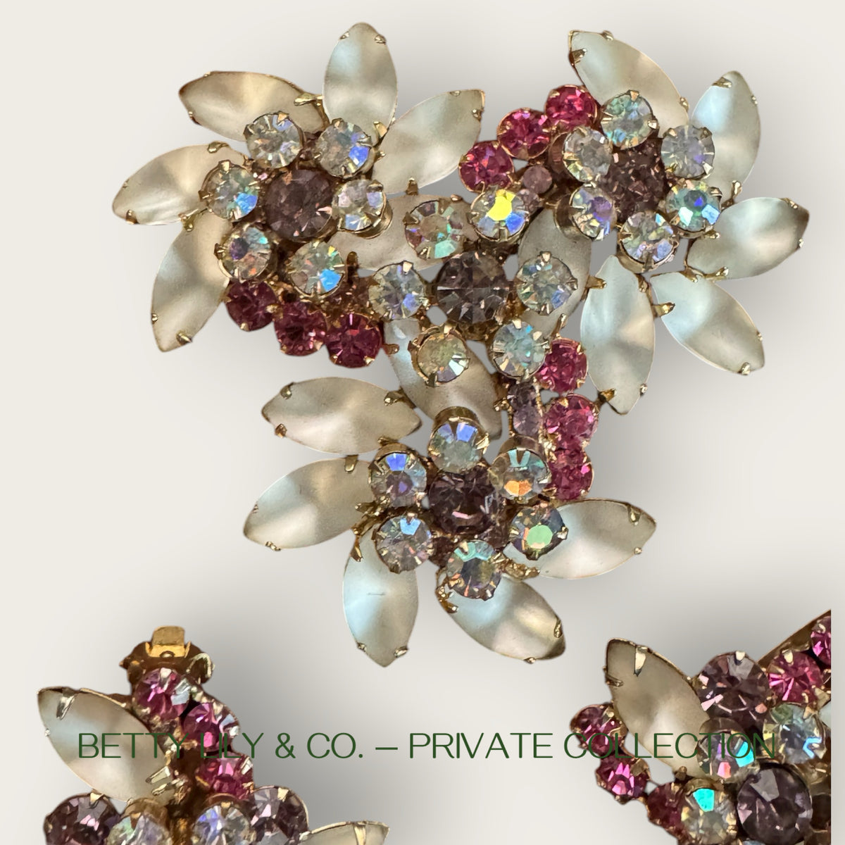 Verified Juliana Frosted Navette Lavender & Pink Rhinestone Brooch and Earrings Set – 1960s | Private Collection