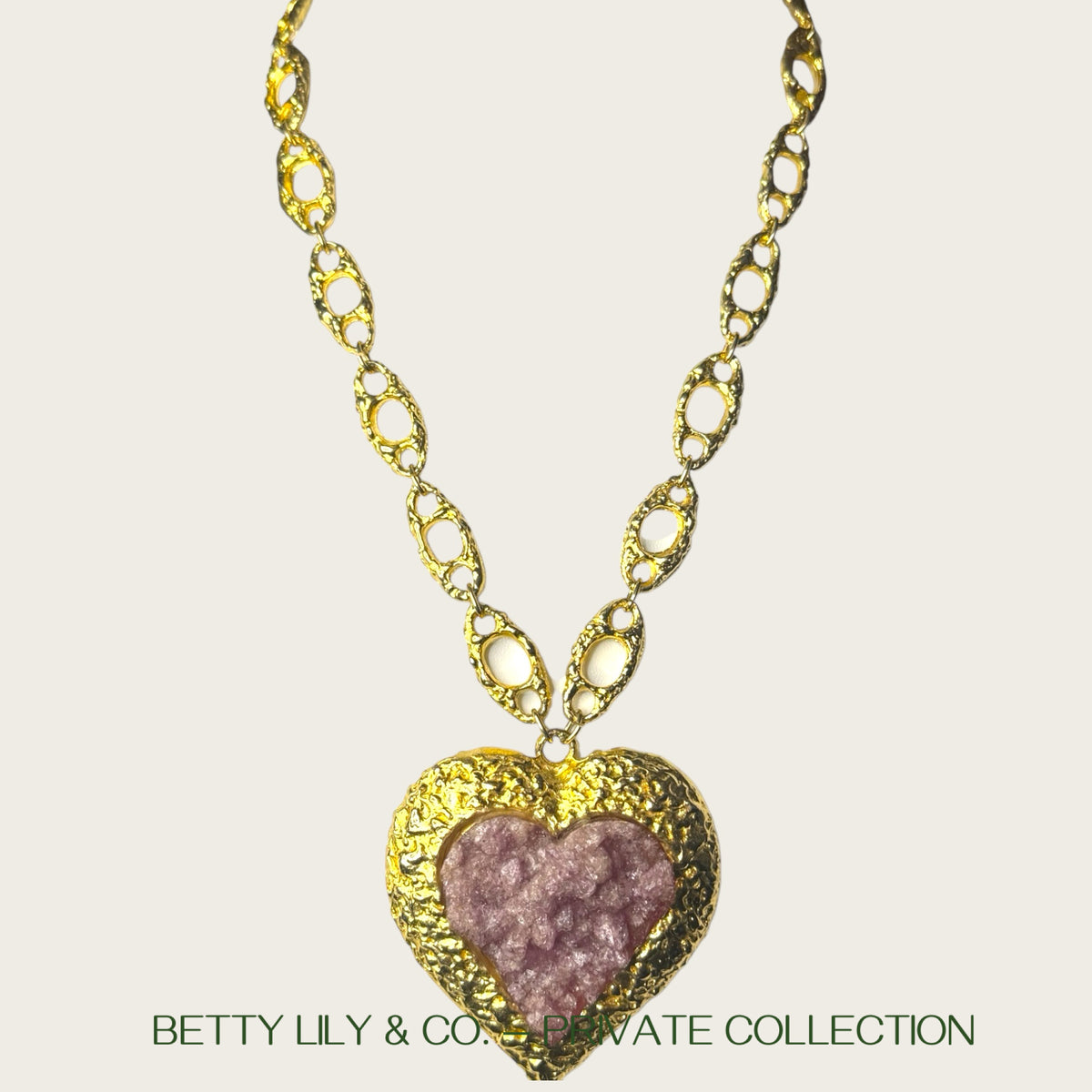 Rare Vintage Kenneth Jay Lane Couture Heart Necklace – Sculptural Purple Druzy, Gold Open Link Chain, Signed | Private Collection