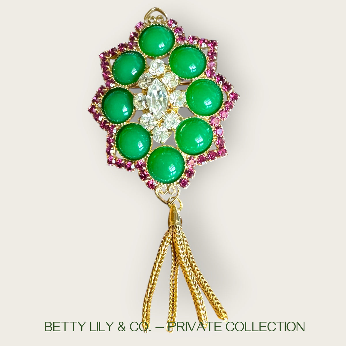 Juliana Green Cabochon & Pink Chaton Tassel Dangle Brooch – Verified Reference #5617 | Private Collection