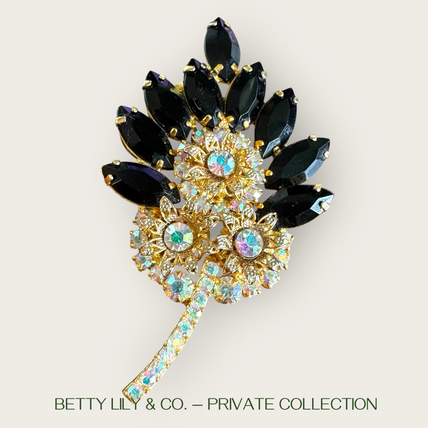 Verified Juliana Black Navette & AB Rhinestone Leaf Brooch – Reference #2046 | Private Collection